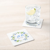 ブルーホワイトモノグラムデイジー結婚フローラ スクエアペーパーコースター (インサイチュ)