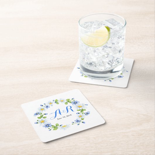 ブルーホワイトモノグラムデイジー結婚フローラ スクエアペーパーコースター (インサイチュ)