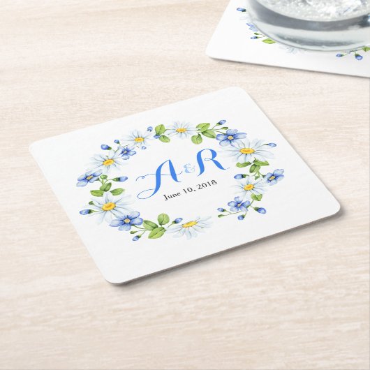 ブルーホワイトモノグラムデイジー結婚フローラ スクエアペーパーコースター (アングル)