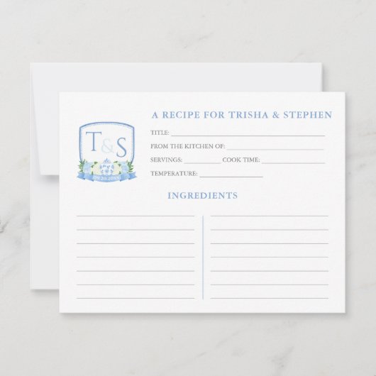 ブルーホワイトモノグラムブライダルシャワーレシピカード 招待状 (正面)