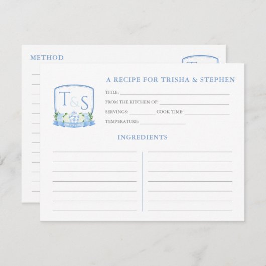 ブルーホワイトモノグラムブライダルシャワーレシピカード 招待状 (正面/裏面)