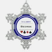 ブルーホワイトラスベガスカジノトランプのポーカーチップクリスマス スノーフレークピューターオーナメント (正面)