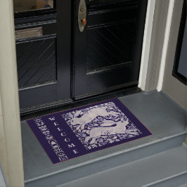 ブルーホワイトラビットバニーウェルカムタイルアートラージ ドアマット