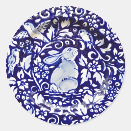 ブルーホワイトラビットバードフローラステッカーDedham Navy ラウンドシール (正面)