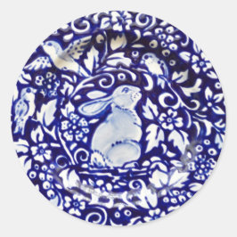 ブルーホワイトラビットバードフローラステッカーDedham Navy ラウンドシール