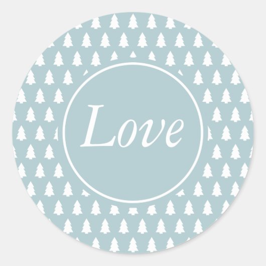 ブルーホワイトラブクリスマスツリーパターン ラウンドシール (正面)