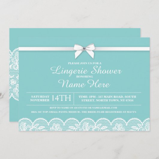 ブルーホワイトランジェリーブライダルシャワーレース招待状 招待状 (正面/裏面)