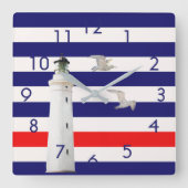ブルーホワイトレッド航海のストライプズ灯台 スクエア壁時計 (正面)
