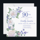 ブルーホワイトローズフローラ90th誕生日スクエア 招待状<br><div class="desc">この90歳の誕生日パーティーエレガントの招待でフェミニン特別な女性を尊重する。90日は大書青文字。誕生祝い後を追。ゲストの名前はスクリプ書トフォントにモダンある。誕生祝い詳細は白いバラと青い花が咲き乱れたシックなオープンなリースに囲まれている。フローラは緑のエレメントで囲ま葉れている。デザインの間伝統的に、開いた風通しの良い植物性の葉と文字与えはバイブコンテンポラリーだ。</div>