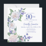ブルーホワイトローズフローラ90th誕生日スクエア 招待状<br><div class="desc">この90歳の誕生日パーティーエレガントの招待でフェミニン特別な女性を尊重する。90日は大書青文字。誕生祝い後を追。ゲストの名前はスクリプ書トフォントにモダンある。誕生祝い詳細は白いバラと青い花が咲き乱れたシックなオープンなリースに囲まれている。フローラは緑のエレメントで囲ま葉れている。デザインの間伝統的に、開いた風通しの良い植物性の葉と文字与えはバイブコンテンポラリーだ。</div>