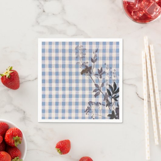 ブルーホワイトワイルドフラワーギンガムプレイドファームハウス スタンダードカクテルナプキン (インサイチュ)