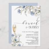 ブルーホワイトワイルドフラワーズブランチバブリーブライダルシャワー 招待状 (正面/裏面)