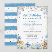ブルーホワイトワイルドフラワーズ&蝶誕生日 招待状 (正面/裏面)