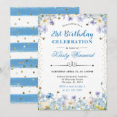 ブルーホワイトワイルドフラワー忘れズマイノー誕生日 招待状 (正面/裏面)