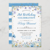 ブルーホワイトワイルドフラワー忘れズマイノー誕生日 招待状 (正面/裏面)