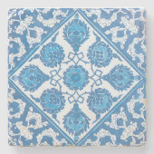 ブルーホワイトヴィンテージコーンフラワータフェイクイル ストーンコースター (正面)