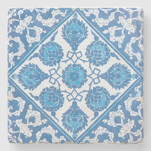 ブルーホワイトヴィンテージコーンフラワータフェイクイル ストーンコースター (正面)