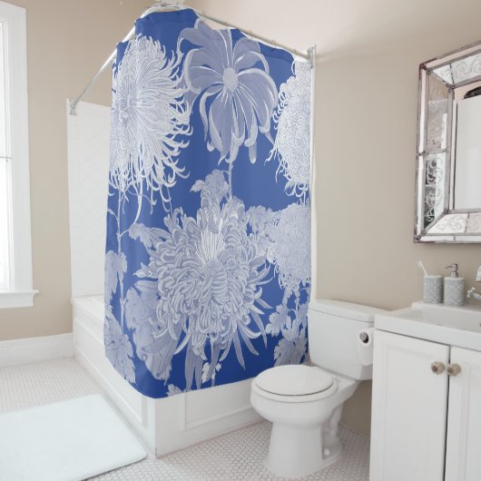 ブルーホワイトヴィンテージチノワジェリー花柄 シャワーカーテン (インサイチュ)