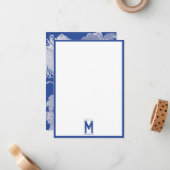 ブルーホワイトヴィンテージチノワセリーフローラモノグラム ノートカード (正面/裏面インサイチュ)