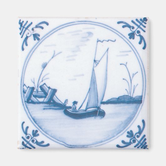 ブルーホワイトヴィンテージデルフトセーロボートアートタイル マグネット (正面)