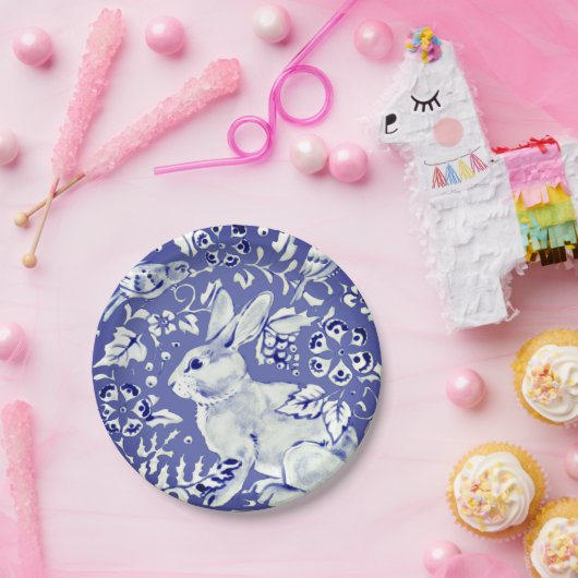 ブルーホワイト中国ルックウサギの鳥のフローラと葉 ペーパープレート (パーティー)