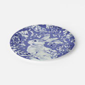 ブルーホワイト中国ルックウサギの鳥のフローラと葉 ペーパープレート (アングル)