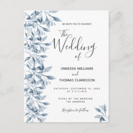 ブルーホワイト植物性結婚式招待状 ポストカード