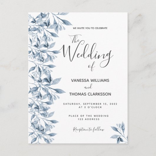 ブルーホワイト植物性結婚式招待状 ポストカード (正面)