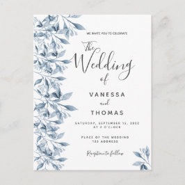 ブルーホワイト植物性結婚式招待状 ポストカード