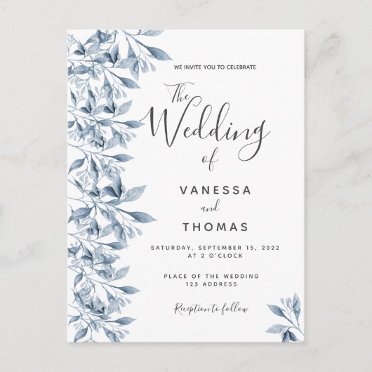 ブルーホワイト植物性結婚式招待状 ポストカード (正面)