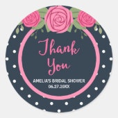 ブルーホワイト水玉模様とピンクローズありがとう ラウンドシール (正面)