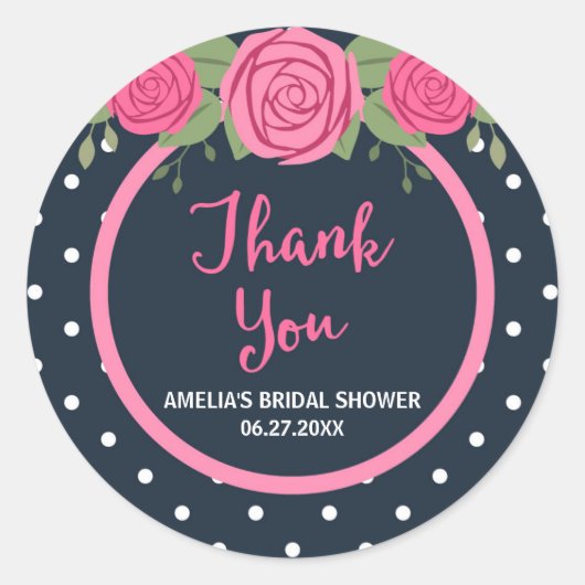 ブルーホワイト水玉模様とピンクローズありがとう ラウンドシール (正面)