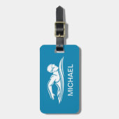 ブルーホワイト泳ぐ人スイミングプールウォーターカスタム ラゲッジタグ (正面縦)