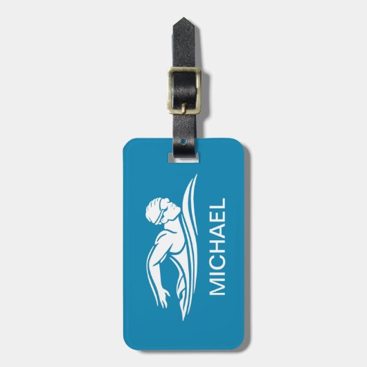 ブルーホワイト泳ぐ人スイミングプールウォーターカスタム ラゲッジタグ (正面縦)