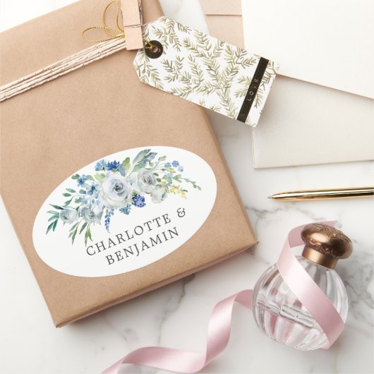 ブルーホワイト牡丹フローラカスタム庭園の結婚式 楕円形シール (ギフト)