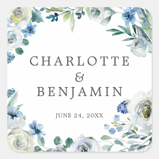 ブルーホワイト牡丹フローラカスタム春の結婚式 スクエアシール (正面)