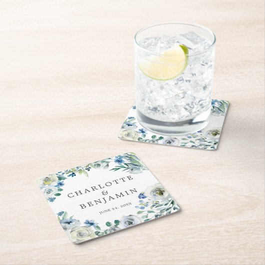 ブルーホワイト牡丹フローラカスタム春の結婚式 スクエアペーパーコースター (インサイチュ)