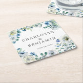 ブルーホワイト牡丹フローラカスタム春の結婚式 スクエアペーパーコースター (アングル)