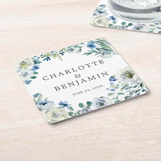 ブルーホワイト牡丹フローラカスタム春の結婚式 スクエアペーパーコースター (アングル)