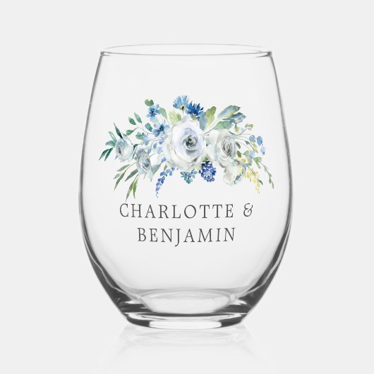ブルーホワイト牡丹フローラカスタム春の結婚式 ステムなしワイングラス (正面)