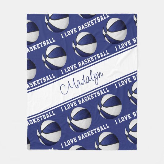 ブルーホワイト私はバスケットボールの女の子のスポーツの装飾が大好き フリースブランケット (正面)