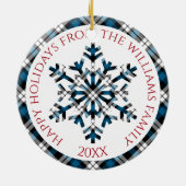 ブルーホワイト素朴ブラックタータンチェックチェック雪片 セラミックオーナメント (裏面)