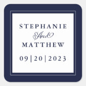 ブルーホワイト結婚の書エレガント跡シック枠 スクエアシール (正面)