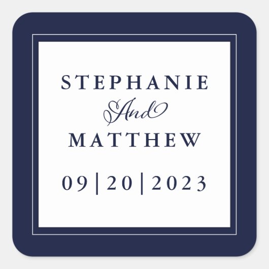 ブルーホワイト結婚の書エレガント跡シック枠 スクエアシール (正面)