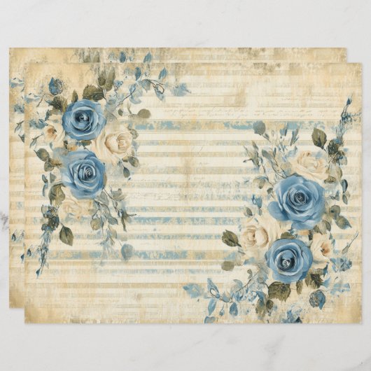 ブルーホワイト花模様ヴィンテージスクラップブックジャーナル紙 (正面/裏面)