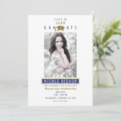 ブルーホワイト金ゴールドカラー写真卒業パーティー 招待状 (スタンド正面)