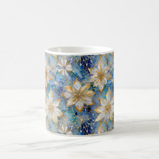 ブルーホワイト金ゴールドクリスマスポインセティアス コーヒーマグカップ (中央)