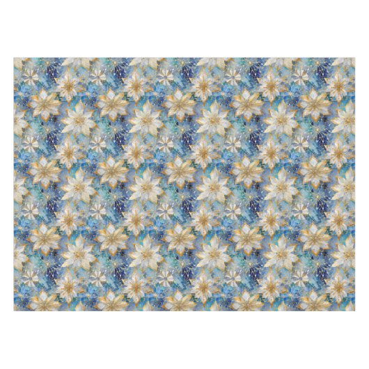 ブルーホワイト金ゴールドクリスマスポインセティアス テーブルクロス (正面(横))