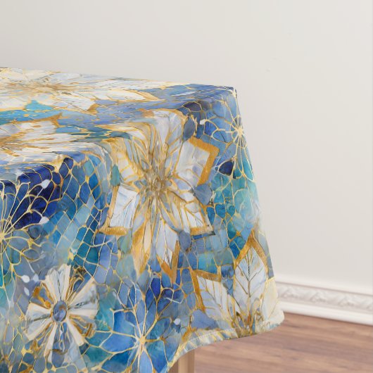 ブルーホワイト金ゴールドクリスマスポインセティアス テーブルクロス (インサイチュ)
