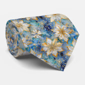 ブルーホワイト金ゴールドクリスマスポインセティアス ネクタイ (ロール)